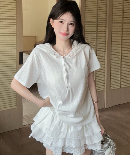 실사 정가 여름 레이스 측면 반팔 대나무 마디 면 후드 티셔츠 레이스 레이스 치마 미니 스커트 투피스 슈트