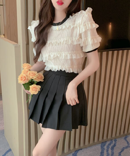 실사 정가 디자인 센스 프릴 라운드 넥 반팔 셔츠 달콤함 작은 대중 루즈핏 슬림해 보이는 맨위