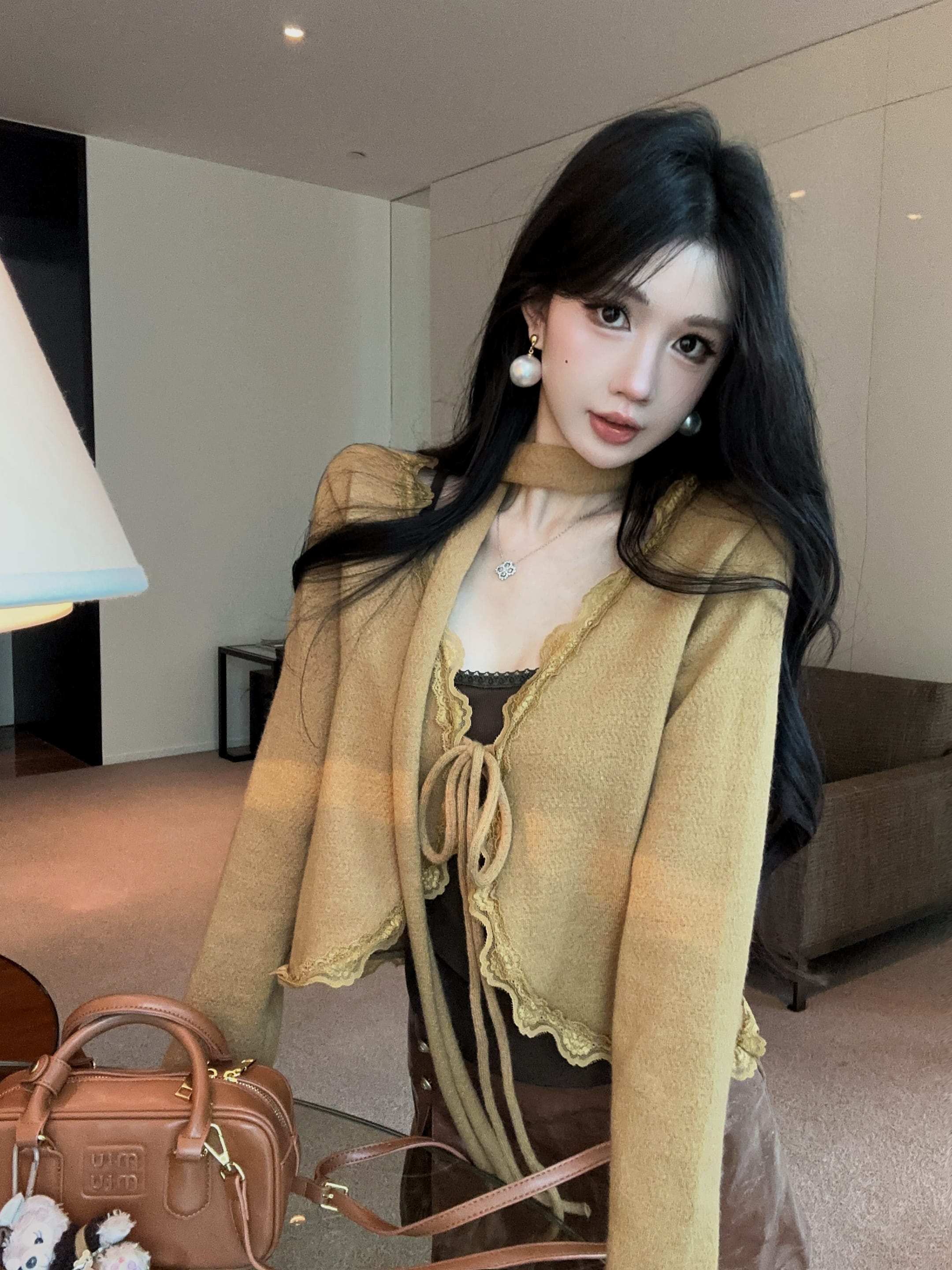 BY35547# 送围脖蕾丝拼接针织衫开衫外套女十吊带背心两件套装 服裝批發女裝批發服飾貨源