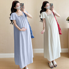 批发实拍现~夏季新款显瘦甜美休闲法式方领褶皱设计感宽孕妇<b class='q'>连衣裙</b>