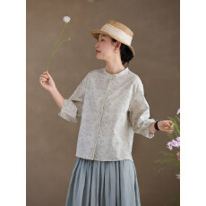 批发原创复古纯棉印花<b class='q'>衬衫</b>森系文艺中式立领<b class='q'>衬衣</b>女七分袖夏上衣