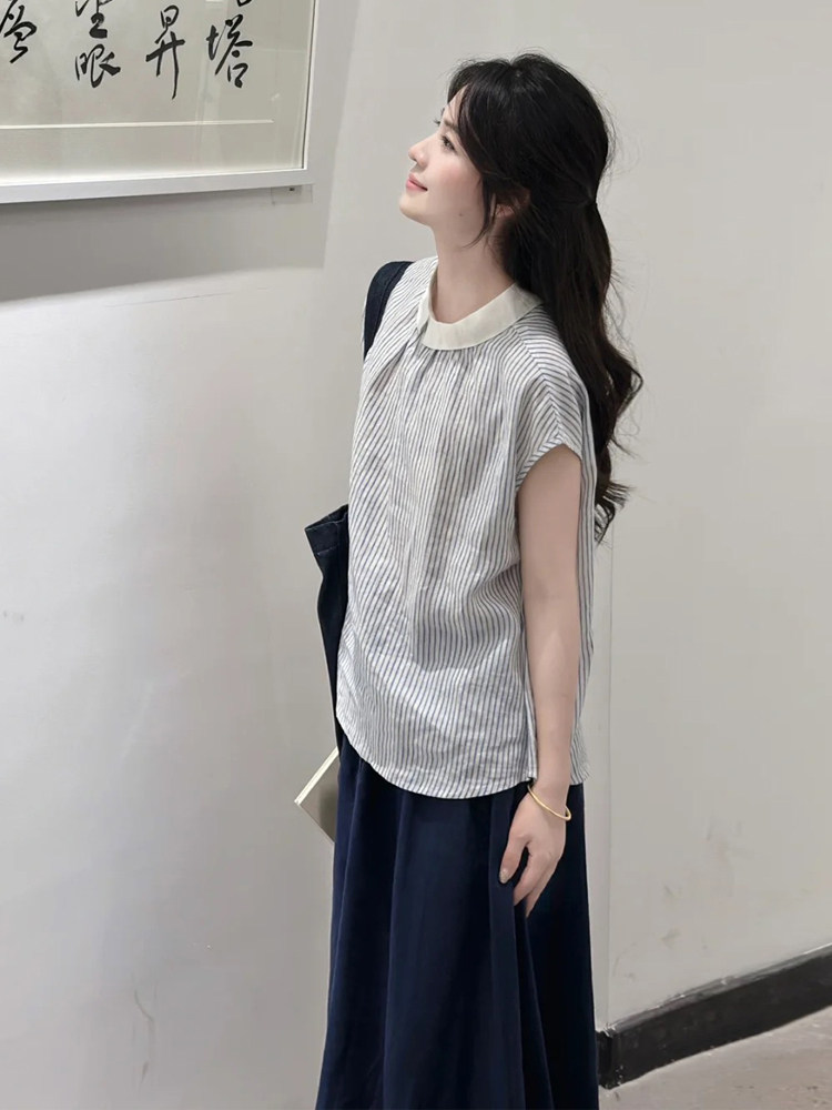 일본식 문예 레트로 캐주얼 맨위 여성 여름 루즈핏 스트라이프 반팔 셔츠