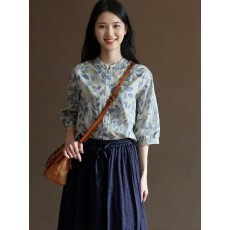 批发复古纯棉印花<b class='q'>衬衫</b>森系文艺中式立领<b class='q'>衬衣</b>女七分袖夏上衣