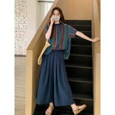 批发荷叶领条纹短袖<b class='q'>套装</b>裤裙女2026夏季新款时尚宽松显瘦阔腿裤两件套