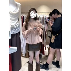 批发大码温柔甜美法式斜肩秋季花朵斜肩上衣女