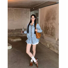 批发现货～胖mm早秋新款条纹气质衬衣法式蓝色长袖衬衫女
