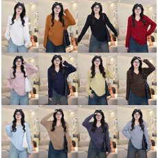 批发大码早秋圆领半开胸翻边纯色气质洋气长袖上衣女