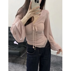 批发~大码女人味绑带褶皱上衣