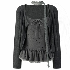 批发大码纯欲蕾丝花边挂脖吊带秋季新款气质荷叶边开衫两件套装