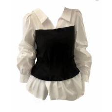 批发微胖mm秋季新款假两件收腰长袖衬衫女设计感拼接格子上衣女