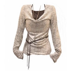 批发大码胖MM辣妹风挂脖假两件扎染针织衫长袖t恤女秋季纯欲荡领上衣