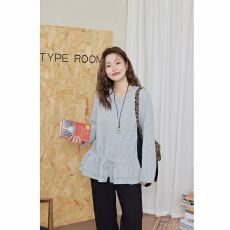 批发大码微胖韩系蛋糕裙摆长袖T恤抽绳收腰上衣