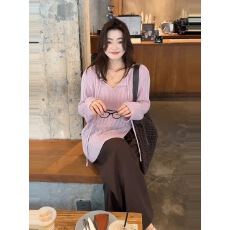 批发大码温柔风紫色宽松长袖针织衫女春秋胖mm显瘦松弛感小众百搭上衣