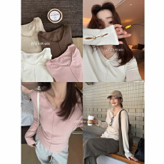 批发实价大码微胖修身V领多色长袖T恤秋季显瘦上衣女