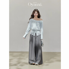 批发大码微胖不规则蕾丝拼接蓝色衬衫女秋季长袖斜领小衫上衣