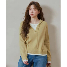 批发大码设计感时尚宽松显瘦简约假两件连帽针织衫