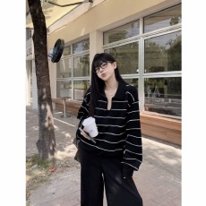 批发大码微胖宽松慵懒风长袖休闲百搭条纹针织上衣