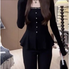 批发大码微胖设计感法式方领长袖女百搭显瘦打底上衣