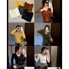 批发大码微胖简约质感双层卷边V领修身设计感长袖内搭上衣