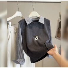 批发大码秋冬韩系针织衫假两件长袖女装套头衬衣袖拼接设计显瘦上衣