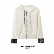 批发大码微胖秋冬新款衬衫拼接连帽设计感针织外套宽松显瘦抽绳上衣女