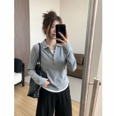 批发大码微胖设计感V领假两件长袖T恤春秋显瘦百搭上衣
