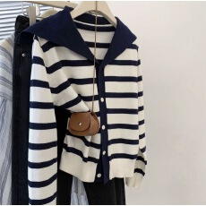 批发大码微胖披肩条纹毛衣针织衫女秋冬设计感洋气减龄海军领上衣