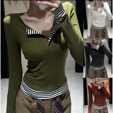 批发大码秋冬新款条纹撞色拼接假两件长袖简约百搭打底T恤女上衣