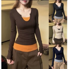 批发大码拼接假两件长袖女设计感修身显瘦内搭打底衫