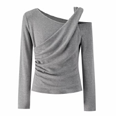 批发大码韩系斜领露肩假两件t恤女秋冬季纯欲长袖上衣