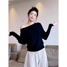 批发大码慵懒风斜肩黑色蝙蝠袖针织衫秋冬胖mm<b class='q'>显瘦</b>内搭打底衫上衣