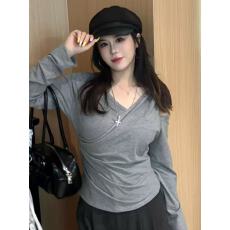 批发实价大码新款韩系时尚纯欲假两件T恤小众修身显瘦设计感百搭上衣