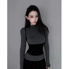 批发实价大码韩系撞色假两件长袖T恤女修身百搭显瘦打底上衣