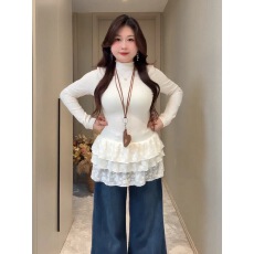 批发实价大码法式纯欲风半高领长袖t恤女秋<b class='q'>冬</b>蕾丝花边叠穿打底衫上衣