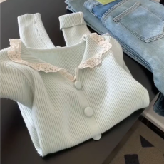 批发实价大码温柔风翻领蕾丝边针织衫女秋冬内搭慵懒感打底衫毛衣上衣