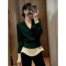 批发实价大码法式复古风撞色V领长袖针织衫女冬季收腰显瘦套头上衣