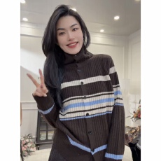 批发实价大码复古撞色条纹翻领针织开衫女排扣保暖安迪绒毛衣