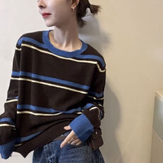 批发实价大码慵懒风条纹长袖针织衫女秋冬宽松显瘦撞色设计感软糯毛衣