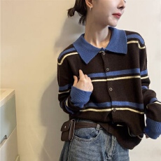 批发实价大码撞色条纹翻领针织开衫女2025秋冬宽松显瘦慵懒风毛衣外套