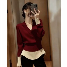 批发实价大码法式复古风撞色V领长袖针织衫女冬季收腰显瘦套头上衣