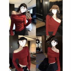 批发实价大码斜肩褶皱内搭长袖T恤秋冬修身显瘦打底衫上衣