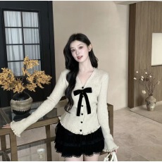 批发实价大码甜美风毛衣女内搭蝴蝶结木耳边针织衫外套显瘦上衣