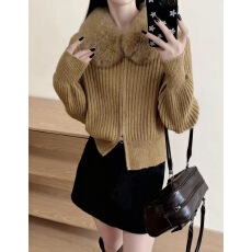 批发实价大码毛领新款宽松针织开衫外套女<b class='q'>秋</b>冬慵懒韩系百搭纯色上衣