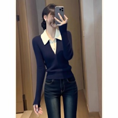 批发实价大码<b class='q'>长袖</b>POLO领半扣拼色藏蓝色上衣女2025冬气质舒适通勤<b class='q'>小衫</b>