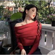 批发实价<b class='q'>大码</b>慵懒锁骨一字肩针织衫女秋冬毛衣打底衫百搭显瘦上衣