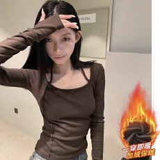 批发实价大码设计感拼接挂脖<b class='q'>T</b><b class='q'>恤</b>女秋冬辣妹磨毛加绒打底衫长袖上衣