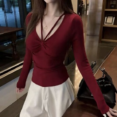 批发实价大码秋冬加绒时尚V领系带褶皱长袖女显瘦修身打底<b class='q'>T</b><b class='q'>恤</b>