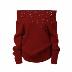 批发实价大码一字肩烫钻针织衫女<b class='q'>秋</b>冬韩系高级宽松露肩上衣