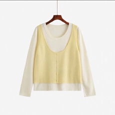 批发大码女装针织衫休闲宽松显瘦圆领撞色假两件上衣春季