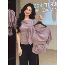 批发已出货<b class='q'>大码</b>女装紫色荡领蝙蝠短袖t恤夏季微胖mm掐腰上衣<b class='q'>打底衫</b>